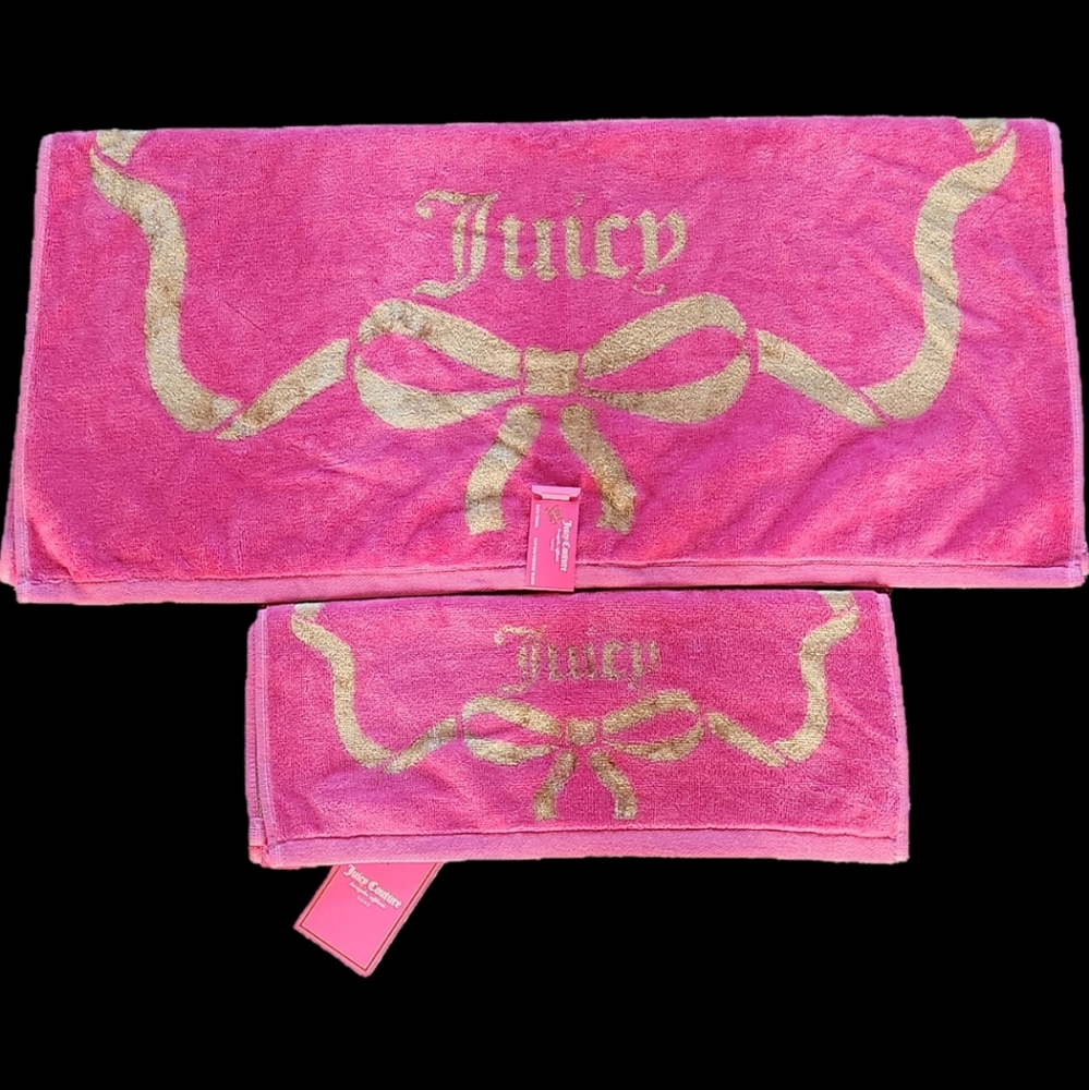 Juicy Couture Set Of 2 Bath Towel And  Hand Towel Pink and Gold Towel Set